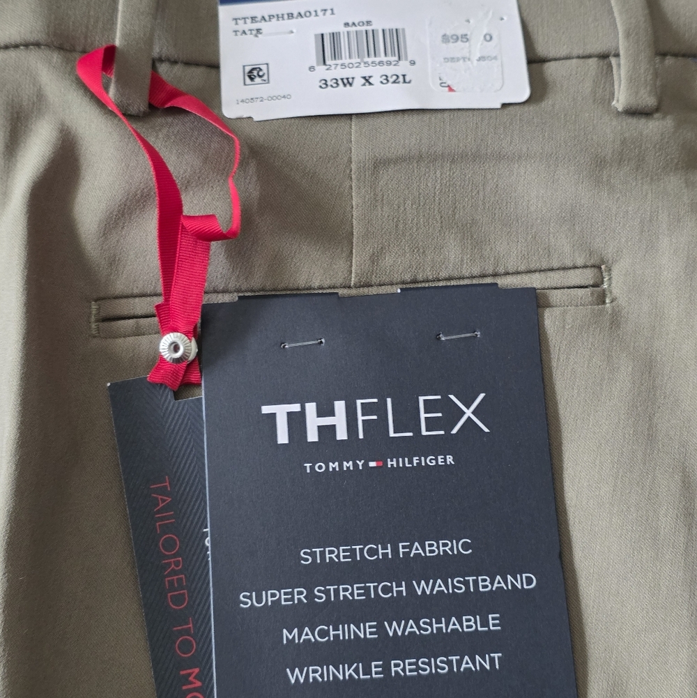 $95 Tommy Hilfiger Mens ThFlex  Dress Pants 33W/32L Sage Green Solid Stretch - Picture 3 of 7